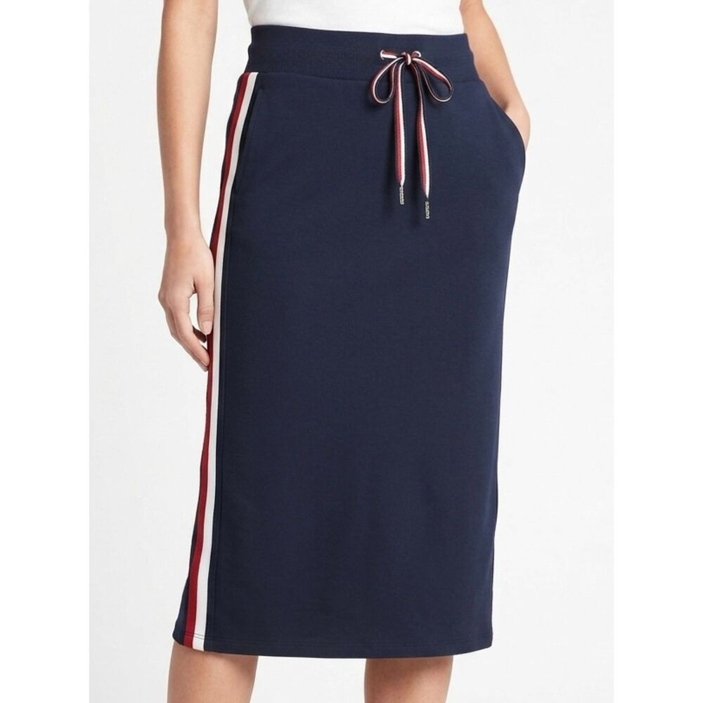 Sporty Knit Tommy Hilfiger Navy Side Stripe Drawstring Midi Skirt Size S Small